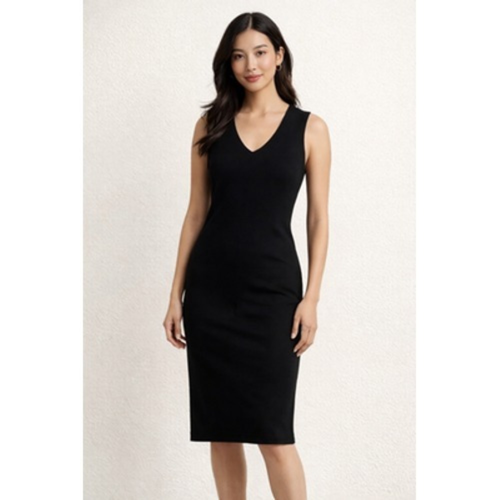 Ann Taylor Dress Womens Petite XSP Black Knit V Neck Cut Out Sheath Knee Length